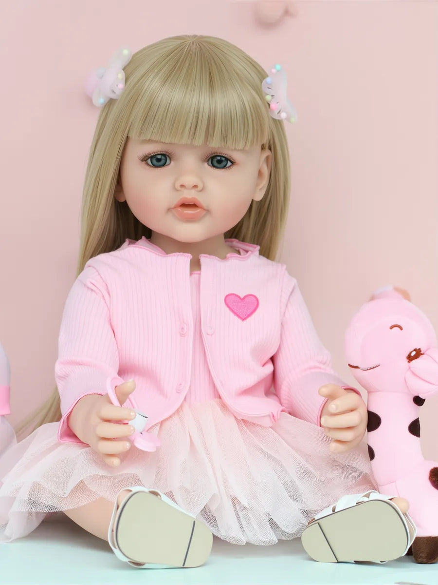 Bébé fille reborn aux cheveux blonds longs et aux yeux ouverts de 22 pouces avec robe rose-Betty