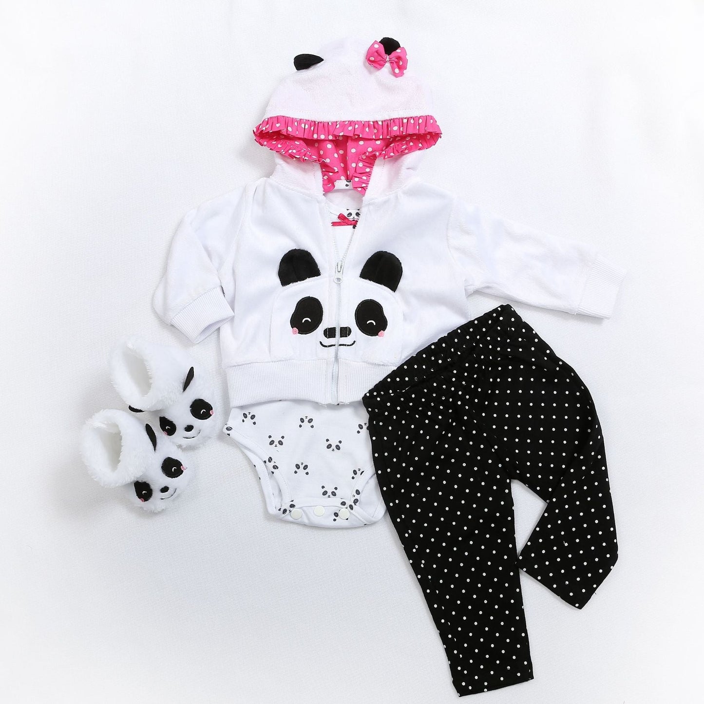 Ensemble de vêtements quatre pièces panda et à pois pour poupées de 45 à 60 cm