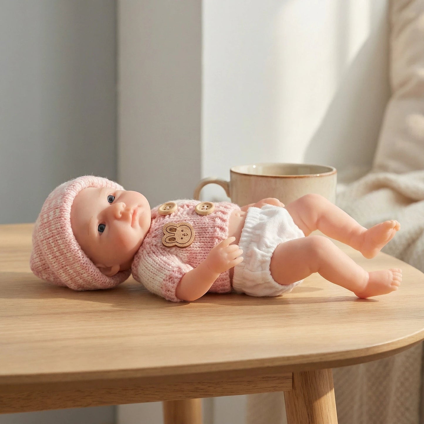 Bébé reborn Loulou fille de 20 cm yeux ouverts entièrement en silicone vêtue d'un pull rose
