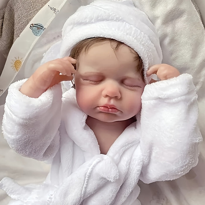 Poupée Reborn endormie de 50 cm aux cheveux courts en peignoir-Loulou