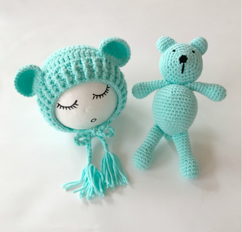 Ensemble 2 pièces bonnet et jouet ours mignon à tricoter pour bébé