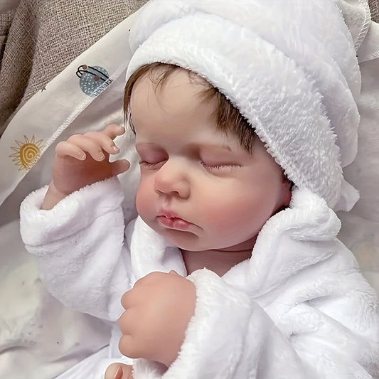 Poupée Reborn endormie de 50 cm aux cheveux courts en peignoir-Loulou