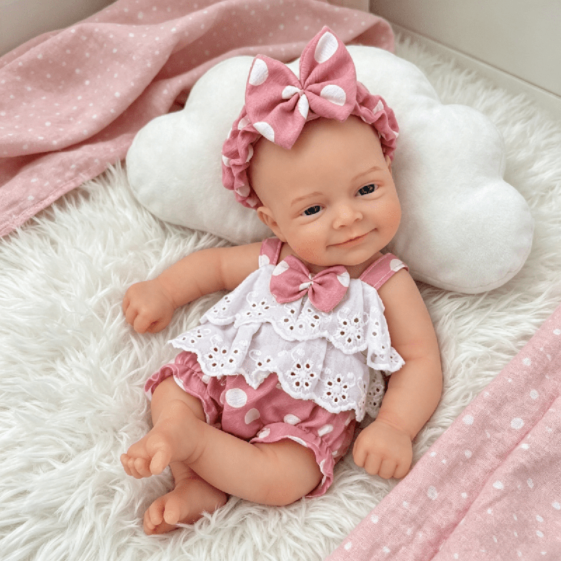 30cm Open Eyes Smile Sebastian Silicone Reborn Baby Girl in Pink Polk Dot Bodysuits