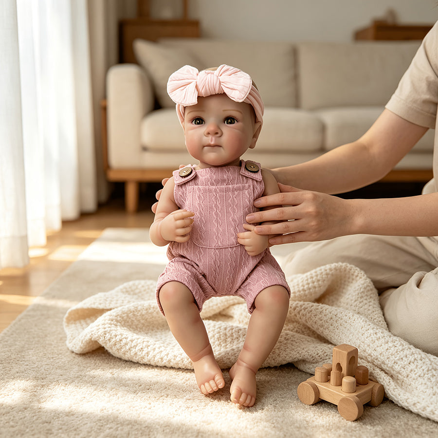 Bébé reborn Bettie 45 cm yeux bleus en salopette rose