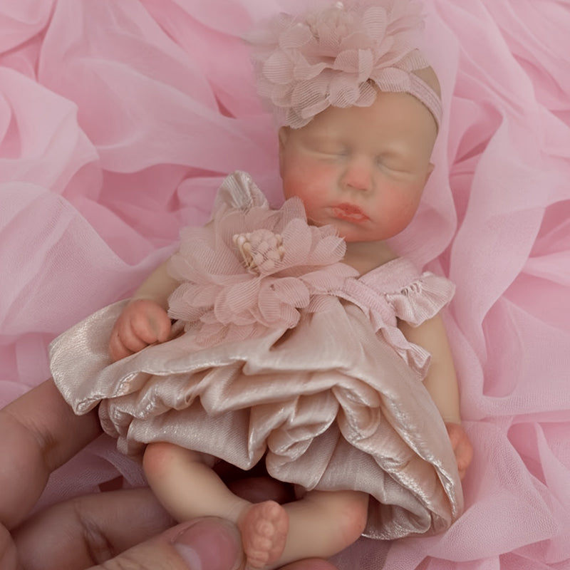 6 Inches Closed Eyes Mini Silicone Loulou Reborn Doll Girl In Pink Dress