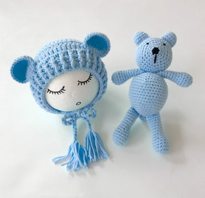 Ensemble 2 pièces bonnet et jouet ours mignon à tricoter pour bébé