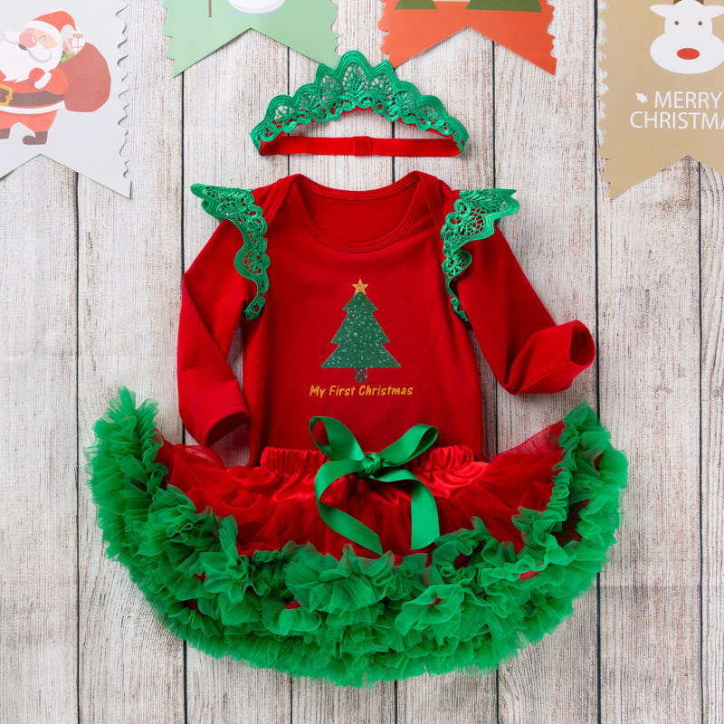 Combinaison pettijupe barboteuse rouge à manches longues couronne d'arbre de noël pour poupées de 20 à 28 pouces