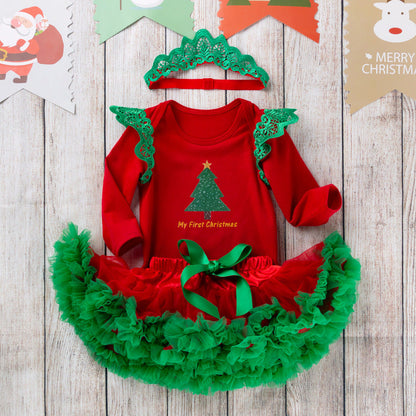 Combinaison pettijupe barboteuse rouge à manches longues couronne d'arbre de noël pour poupées de 20 à 28 pouces