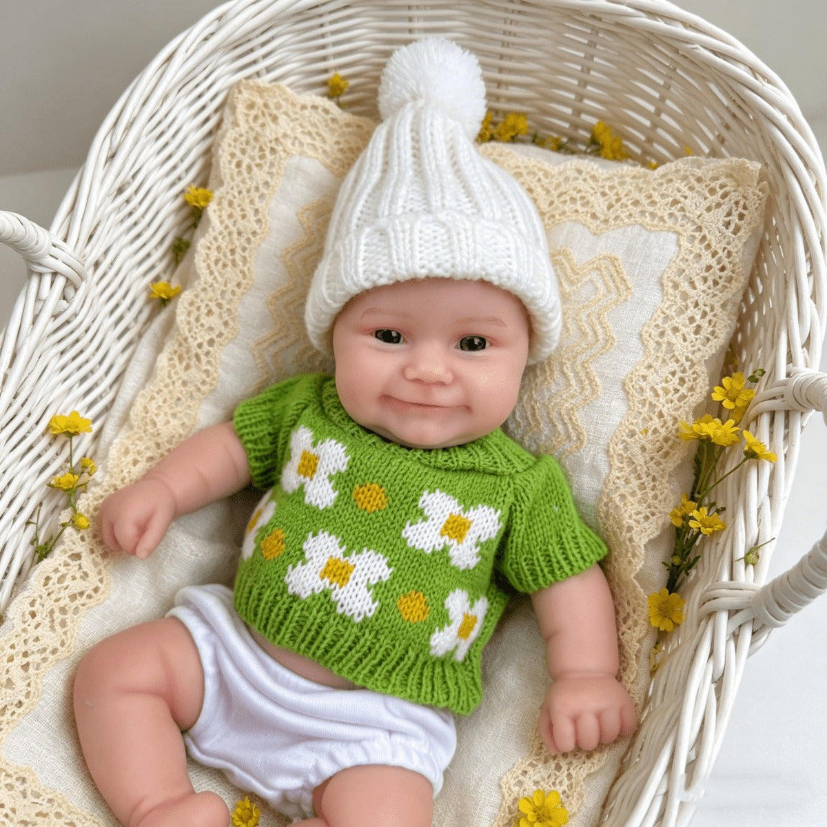 Bébé reborn Maddie Smile de 30 cm en silicone intégral vêtu de tenues vertes