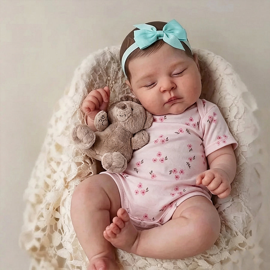 Bébé reborn fille de 50 cm (20 pouces) peau 3D yeux fermés vêtue d'une robe rose à fleurs - Pêches