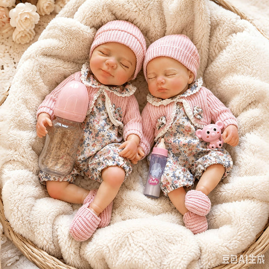 Sœurs jumelles Reborn aux yeux fermés en silicone de 30cm  Pascale et Loulou