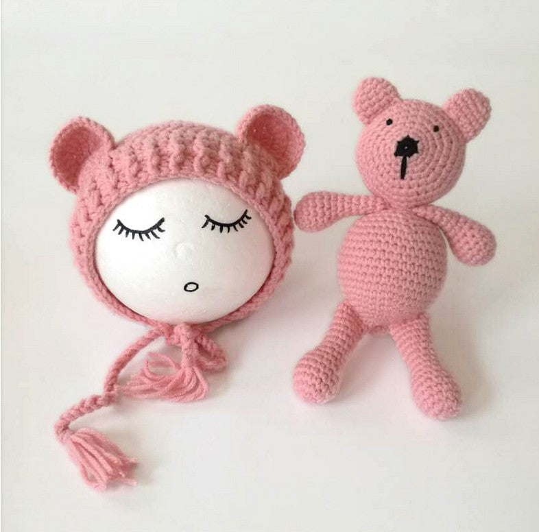 Ensemble 2 pièces bonnet et jouet ours mignon à tricoter pour bébé