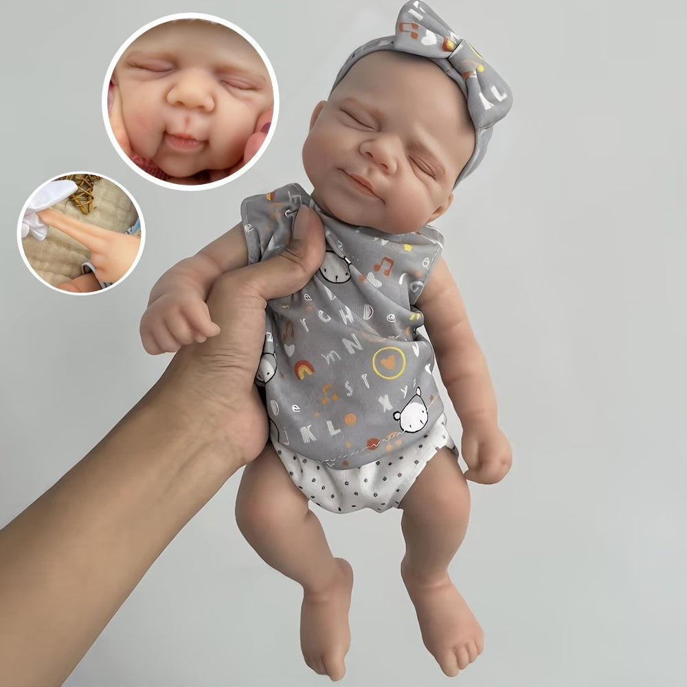 30cm Cute Full Silicone Pascale Reborn Doll Girl In Gray Letter Print Outfits