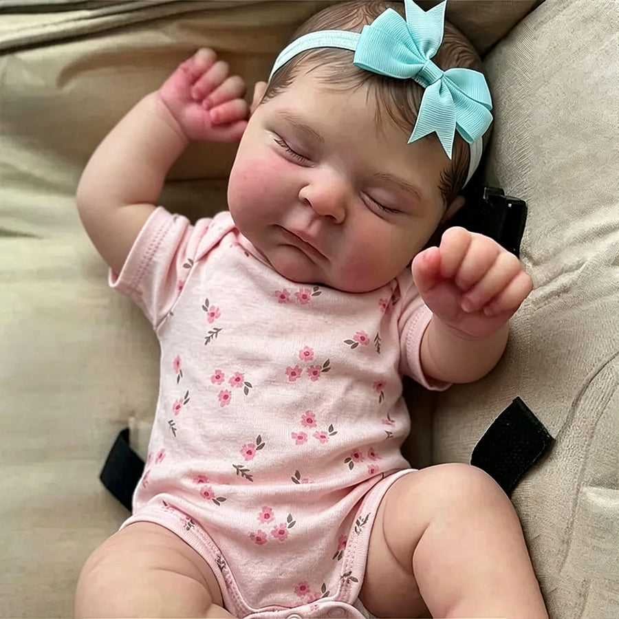 Bébé reborn fille de 50 cm (20 pouces) peau 3D yeux fermés vêtue d'une robe rose à fleurs - Pêches