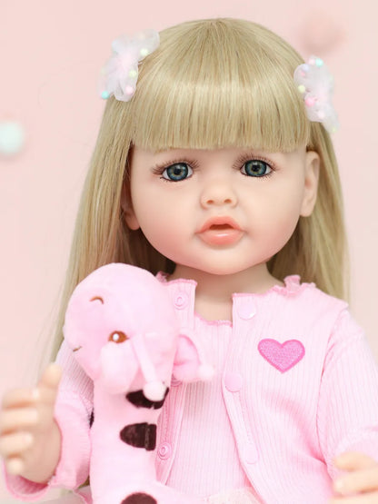 Bébé fille reborn aux cheveux blonds longs et aux yeux ouverts de 22 pouces avec robe rose-Betty