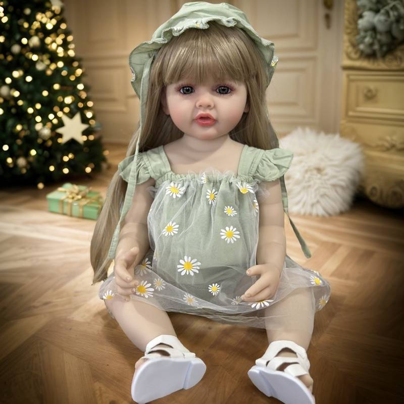 55cm Open Eyes Long Blonde Hair Betty Reborn Baby Girl In Green Daisy Outfits