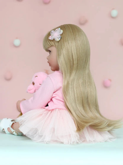 Bébé fille reborn aux cheveux blonds longs et aux yeux ouverts de 22 pouces avec robe rose-Betty