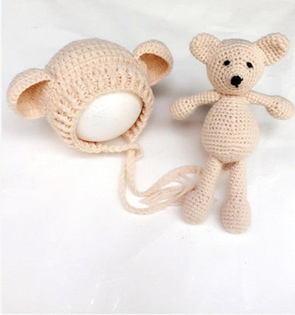 Ensemble 2 pièces bonnet et jouet ours mignon à tricoter pour bébé