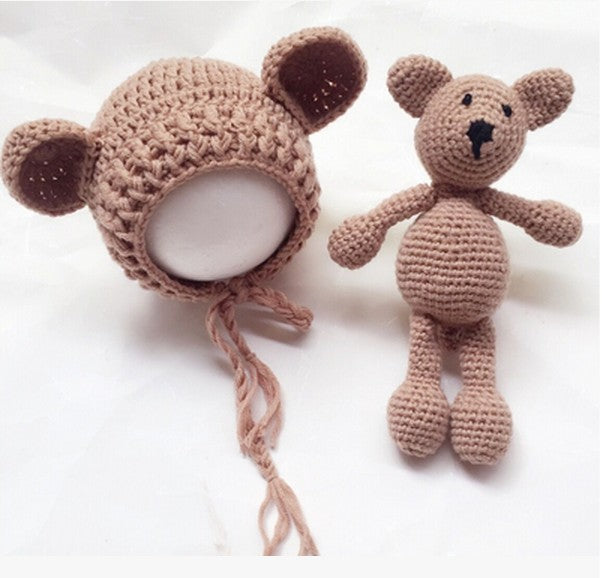 Ensemble 2 pièces bonnet et jouet ours mignon à tricoter pour bébé