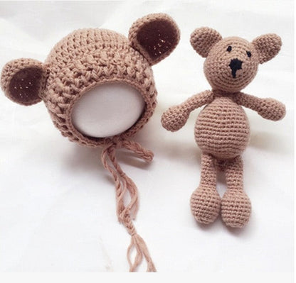 Ensemble 2 pièces bonnet et jouet ours mignon à tricoter pour bébé