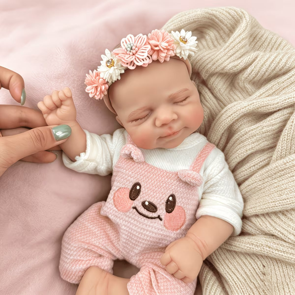 Poupée reborn Pascale de 30 cm entièrement en silicone endormie vêtue d'une tenue d'ours rose