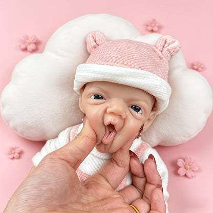30cm Lifelike Smile Full Silicone Blue Eyes Charlie Reborn Girl in Pink Bear Clothes