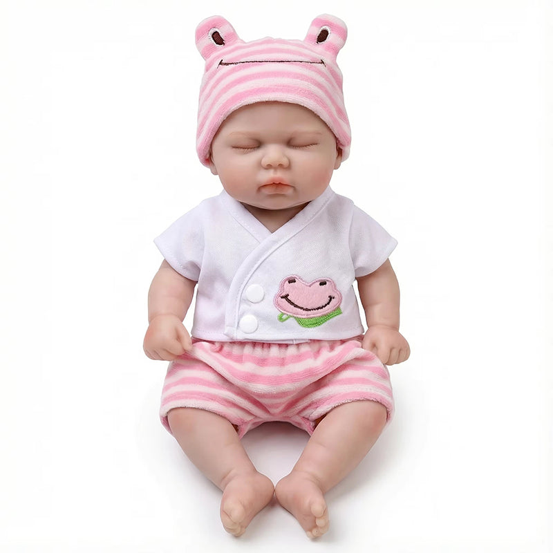 30cm Full Silicone Closed Eyes Reborn Doll Girl Pickle in Pink Frog Outfits