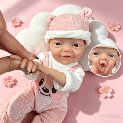 30cm Lifelike Smile Full Silicone Blue Eyes Charlie Reborn Girl in Pink Bear Clothes