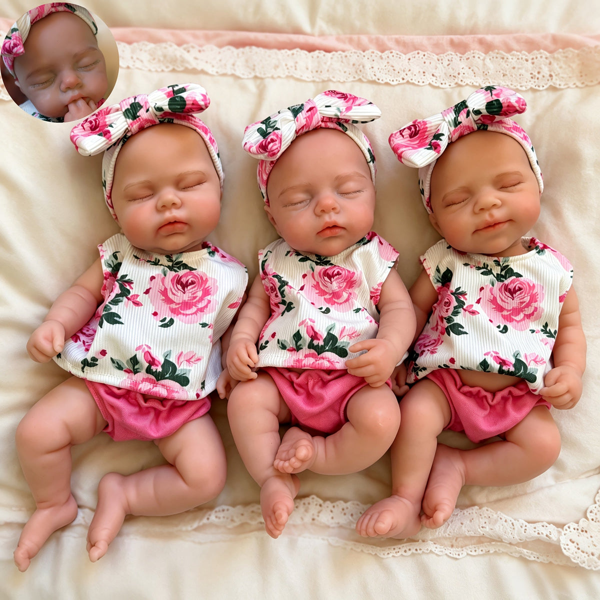 30cm Full Silicone Closed Eyes Triplets Reborn Doll Girls In Floral Outfits