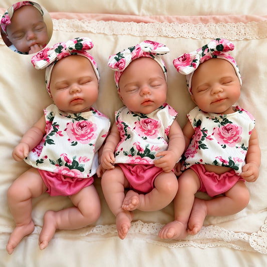 30cm Full Silicone Closed Eyes Triplets Reborn Doll Girls In Floral Outfits