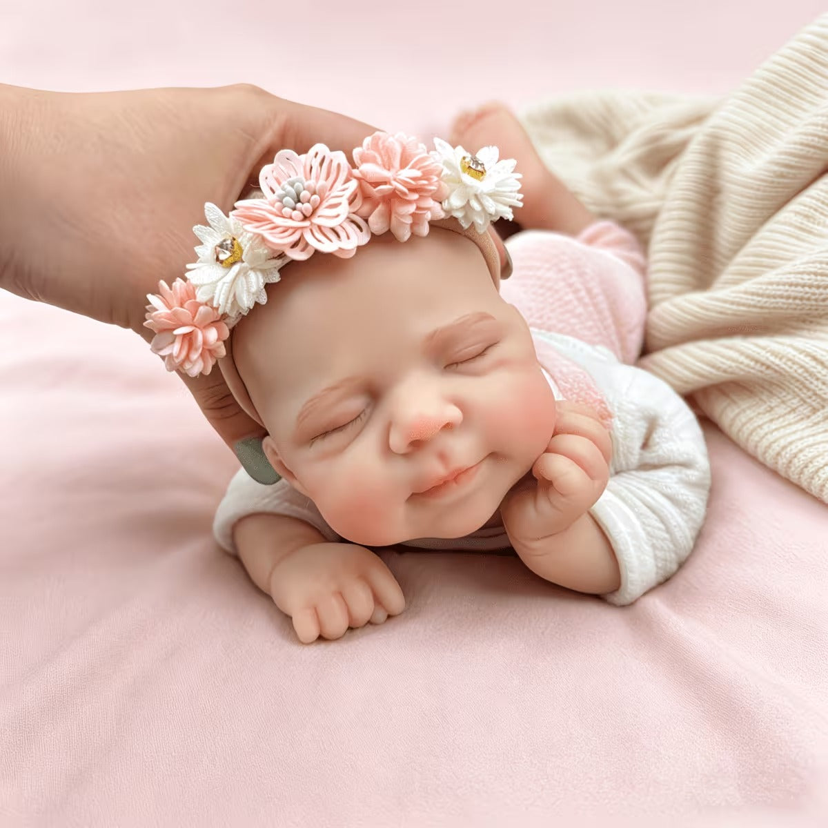 Poupée reborn Pascale de 30 cm entièrement en silicone endormie vêtue d'une tenue d'ours rose