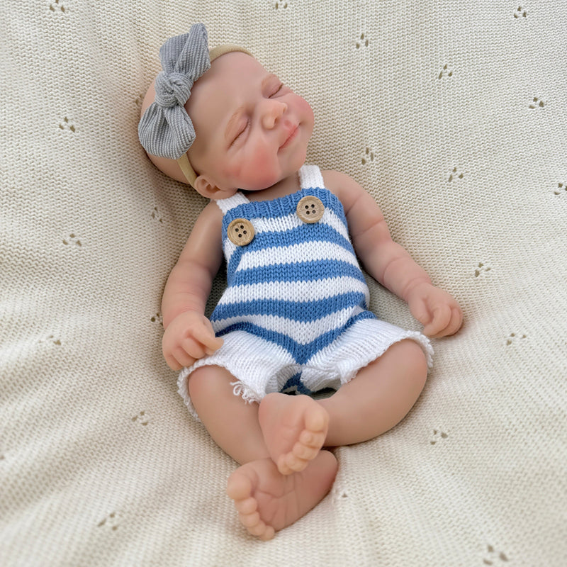 30cm Lifelike Full Silicone Closed Eyes Pascale Reborn Baby Girl in Blue Stripe Outfits