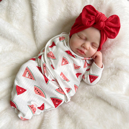 45cm Silicone Stretchable Loulou Reborn Baby Girl in Watermelon-print swaddle