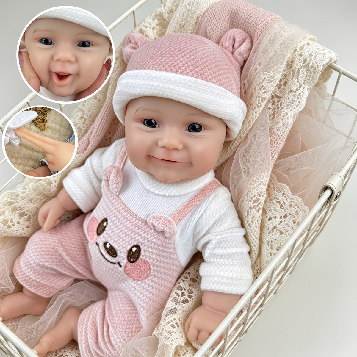 Bébé reborn Maddie Smile de 30 cm en silicone intégral vêtue d'une tenue d'ours rose