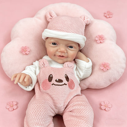 30cm Lifelike Smile Full Silicone Blue Eyes Charlie Reborn Girl in Pink Bear Clothes
