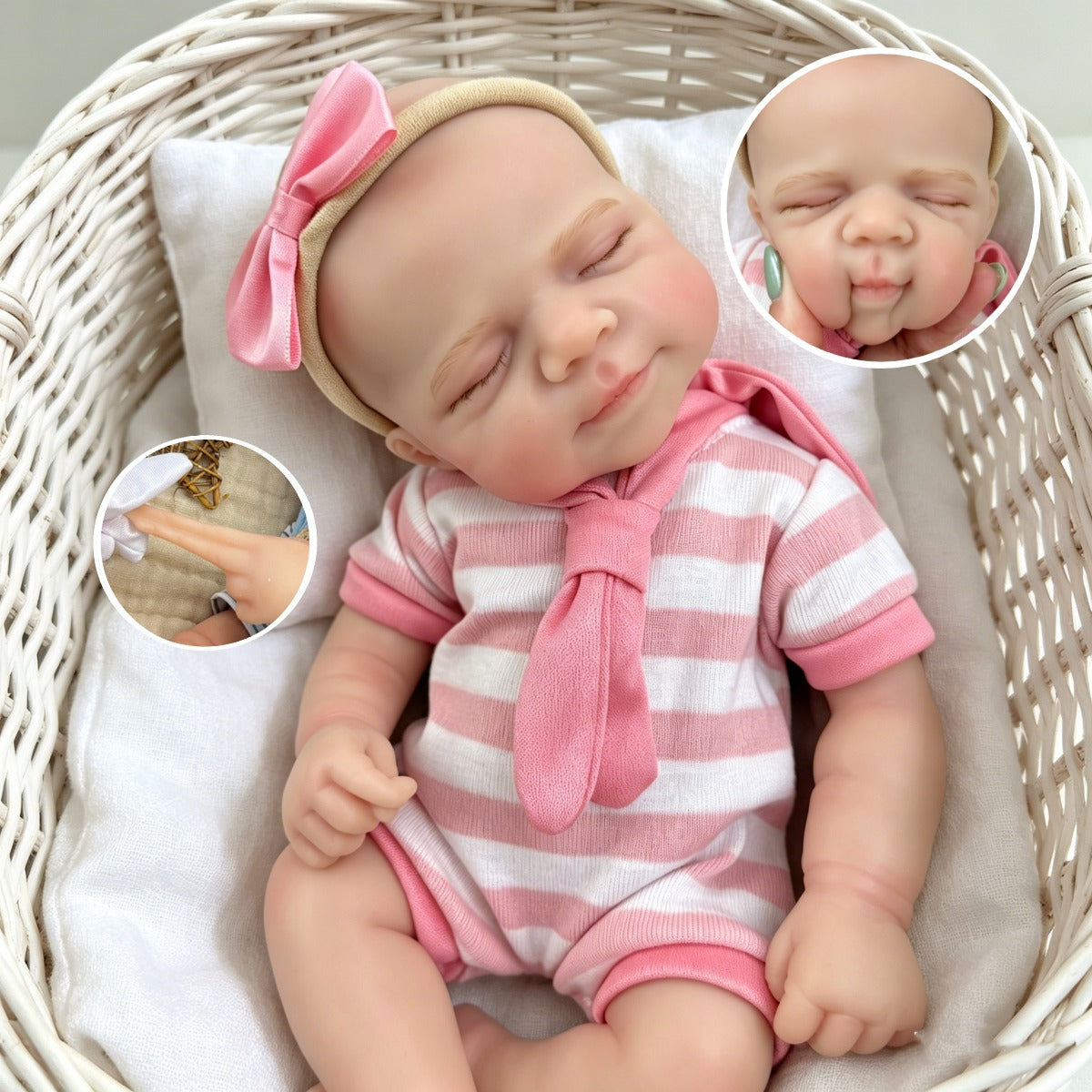 30cm Full Silicone Asleep Pascale Reborn Doll Girl In Pink Stripe Outfits