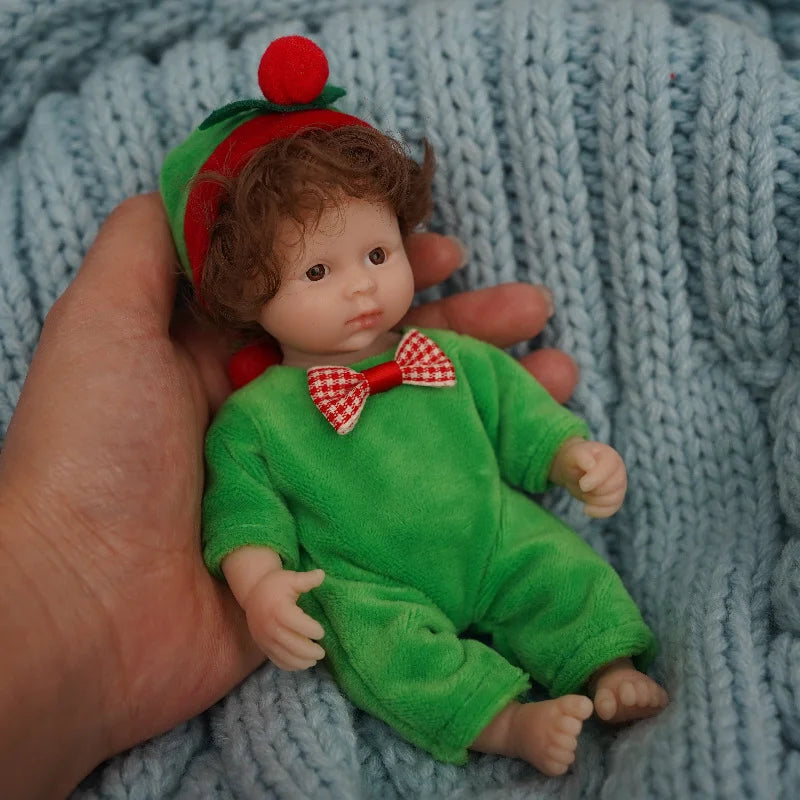 Mini poupée Reborn en Silicone yeux ouverts cheveux courts 6 pouces vêtements de noël
