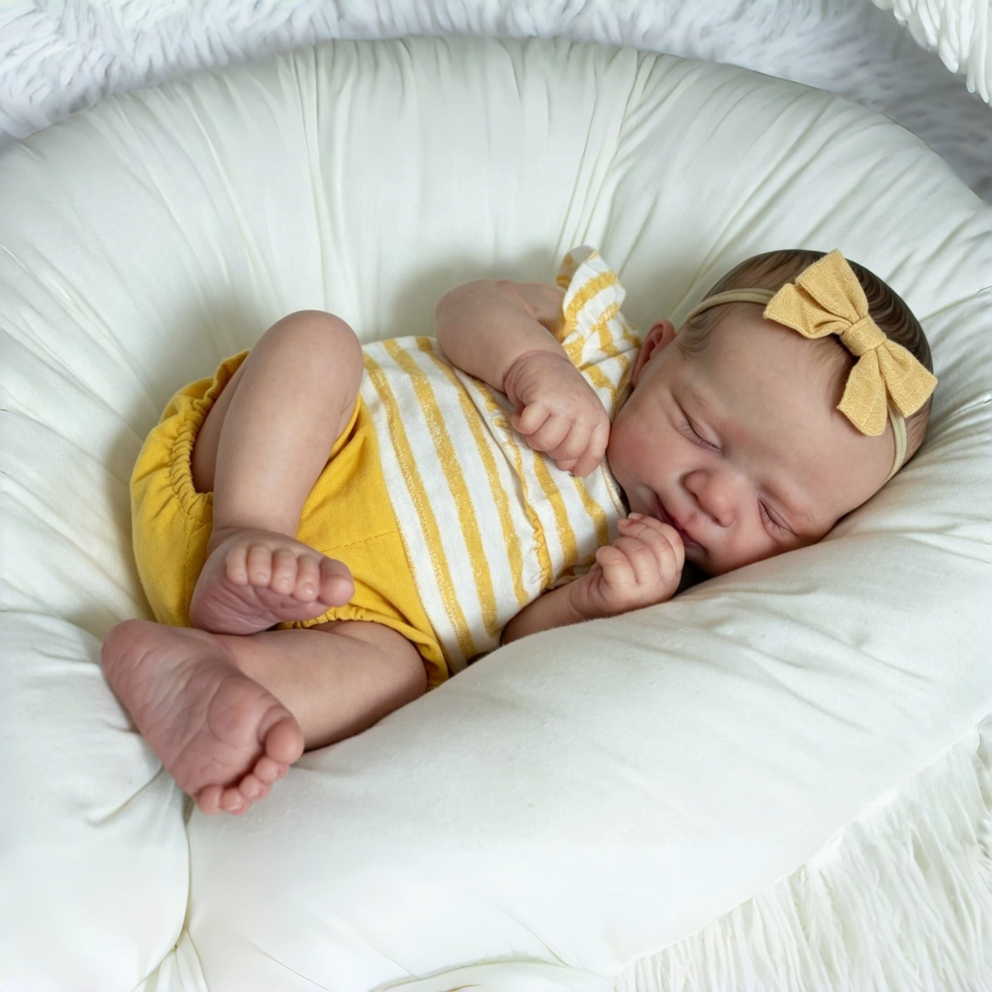 Bébé reborn Pascale de 48 cm endormie en barboteuse jaune