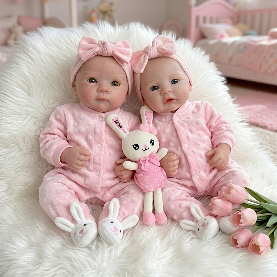 18 Inches Full Silicone Bettie and Meadow Twins Sisters Reborn Doll in Pink Outfits