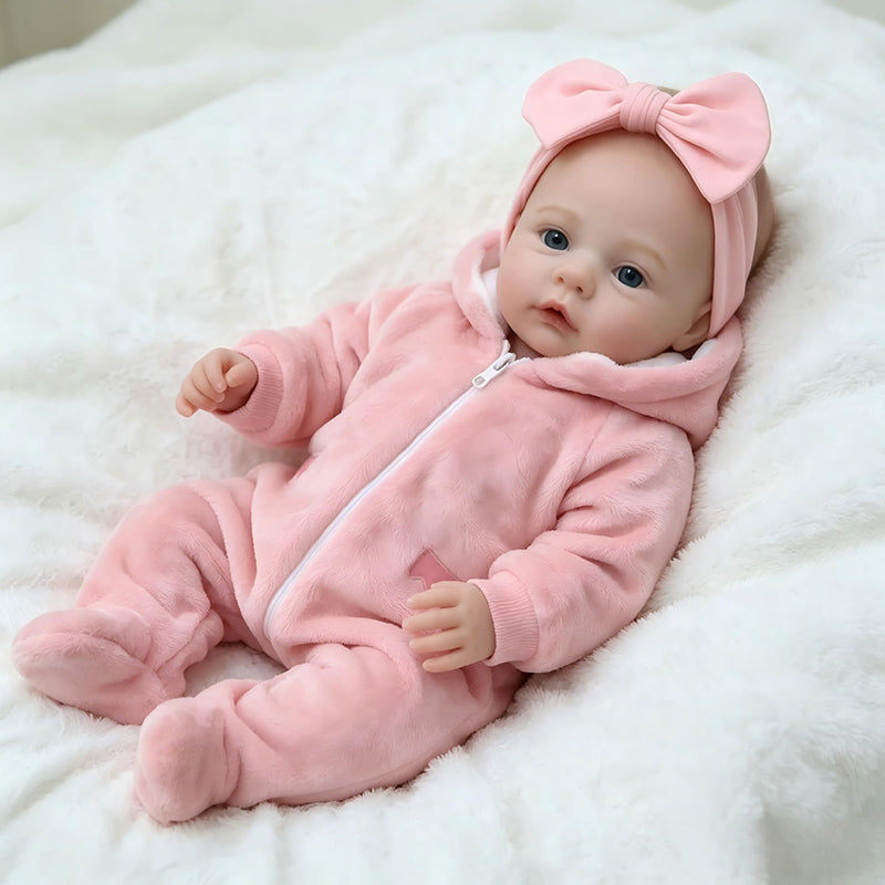 Bébé reborn fille de 45cm aux yeux bleus vêtue de tenues roses en peluche - Prairie