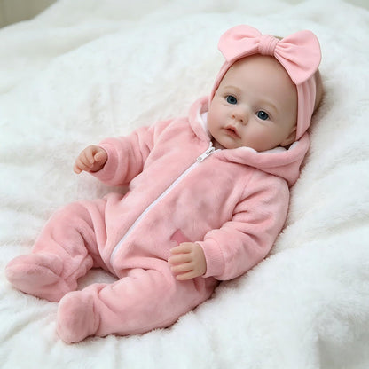 Bébé reborn fille de 45cm aux yeux bleus vêtue de tenues roses en peluche - Prairie