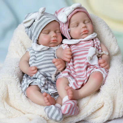 30cm Lifelike Closed Eyes Silicone Loulou Reborn Twin Girls In Stripes Clothes