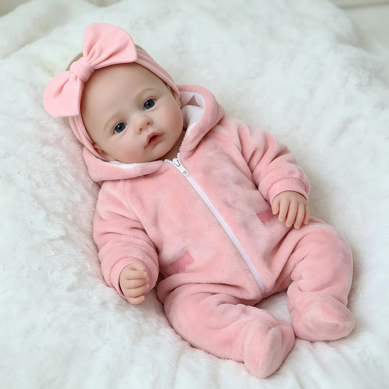 Bébé reborn fille de 45cm aux yeux bleus vêtue de tenues roses en peluche - Prairie