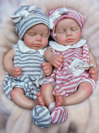 30cm Lifelike Closed Eyes Silicone Loulou Reborn Twin Girls In Stripes Clothes