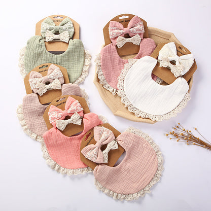 Lace cotton solid color Bib & Headband 3-Piece Set