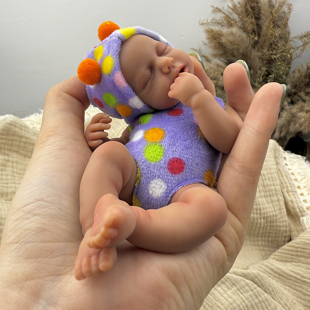 15cm Silicone Dark Skin Loulou Mini Reborn Doll in Polk Dot Outfits