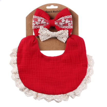 Lace cotton solid color Bib & Headband 3-Piece Set