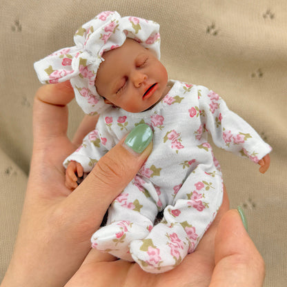 15cm Silicone Dark Skin Loulou Mini Reborn Doll in White Floral Outfits