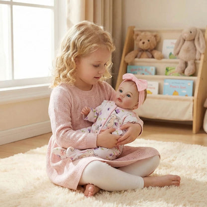 Bébé reborn Meadow de 48 cm aux yeux bleus vêtu d'une barboteuse à imprimé floral