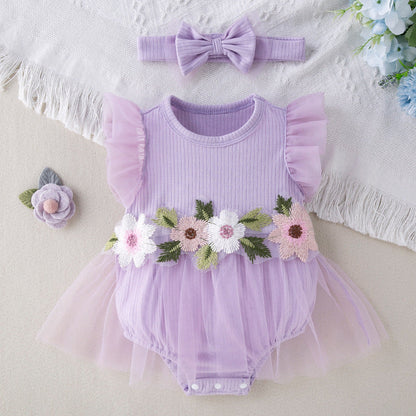 Mesh Embroidered Romper Dress Headband 2-Piece Set for 18-22 inches Dolls